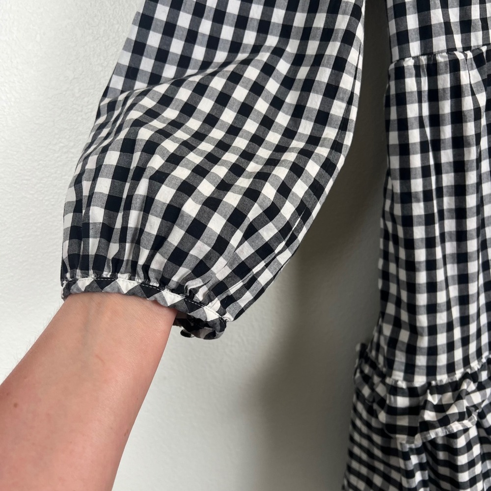 J.Crew Womens Gingham Tiered Mini Dress Black White V-Neck Long Sleeve Medium - Picture 10 of 14